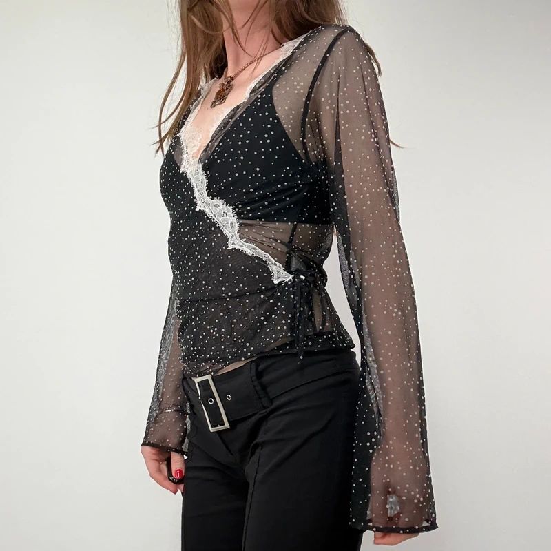 Sheer Lace Polka Dot Wrap Shirt