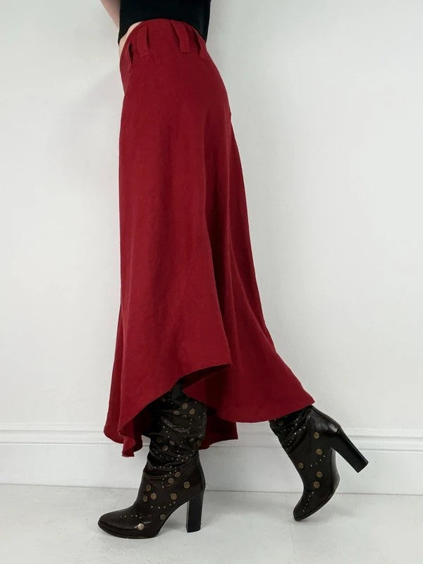 red linen bias cut asymmetric maxi skirt