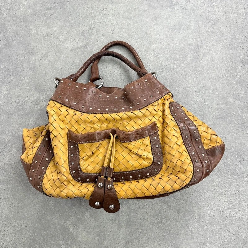 Woven leather brown Karen millen studded handbag
