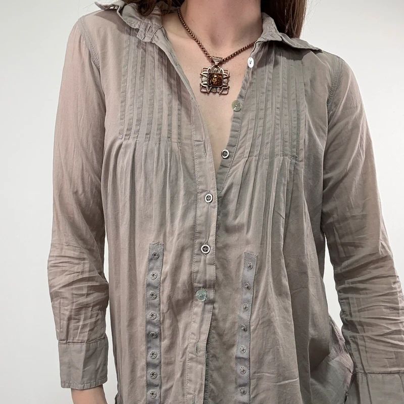 brown pleated flared patchwork button shirt