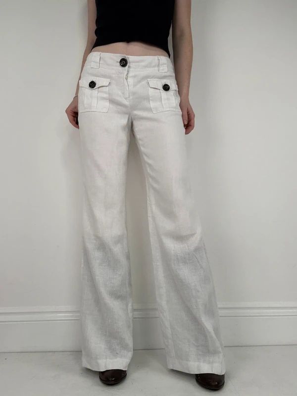 Cargo linen summer flare white trousers