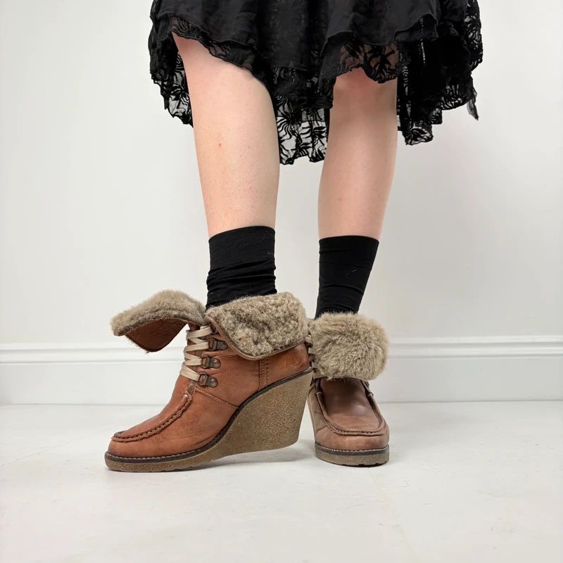 tan sheepskin leather wedge boots