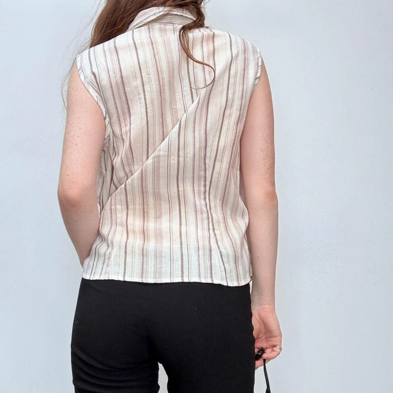 pinstriped sleeveless ruffle shirt blouse