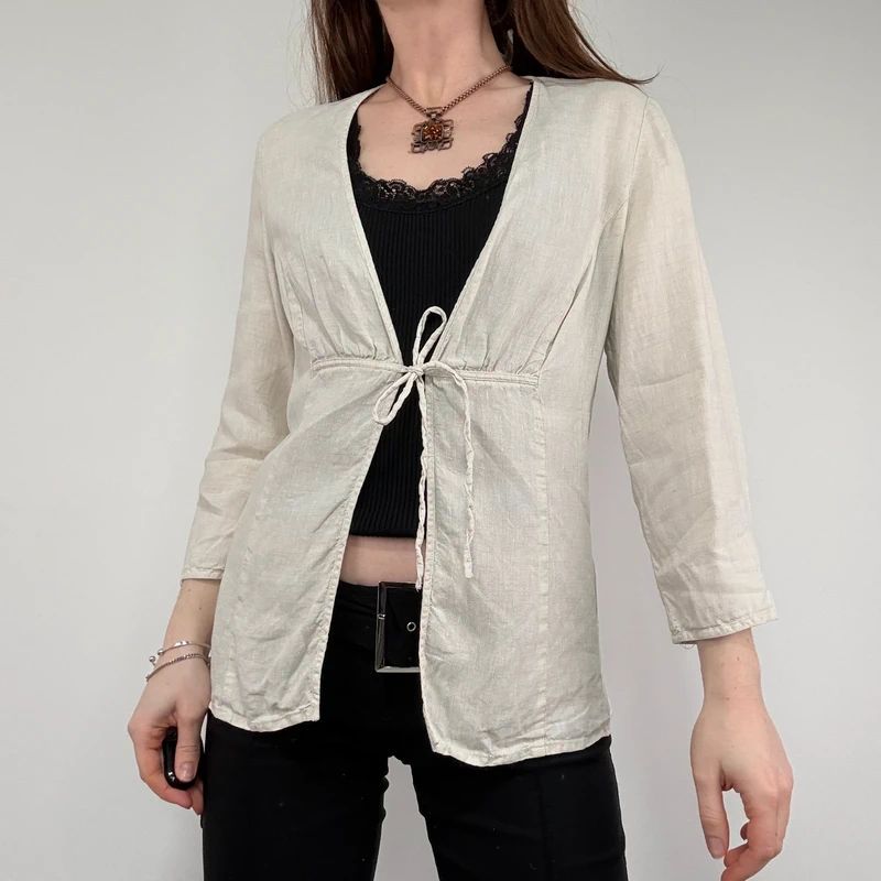 cream linen flared tie up shirt