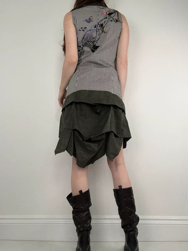 striped asymmetric khaki drop waist midi dress