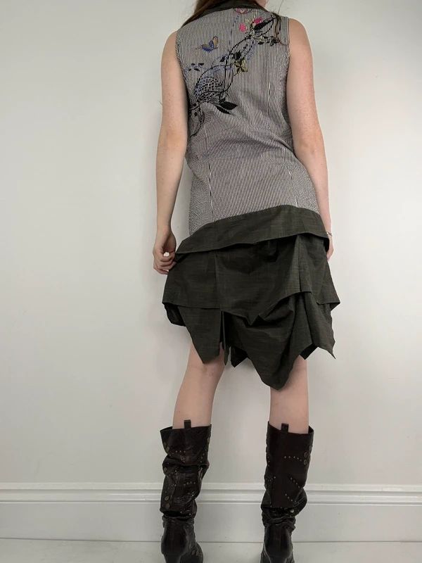 striped asymmetric khaki drop waist midi dress