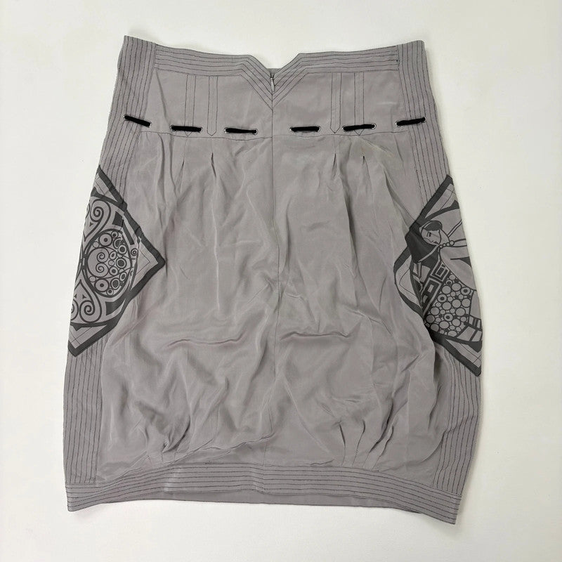 grey pleated puff graphic midi skirt