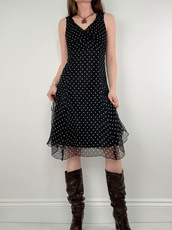 silk black and white polkadot slip dress