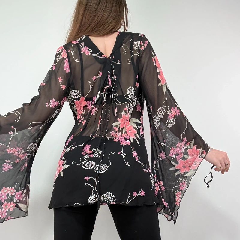 Sheer Black Asymmetric Flutter Blouse