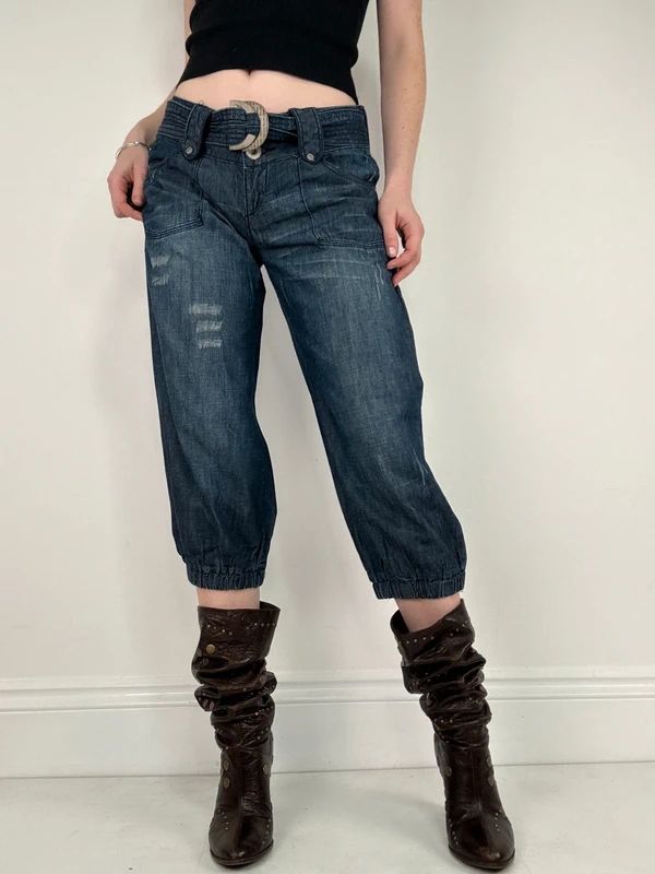 cropped denim puff capri pants