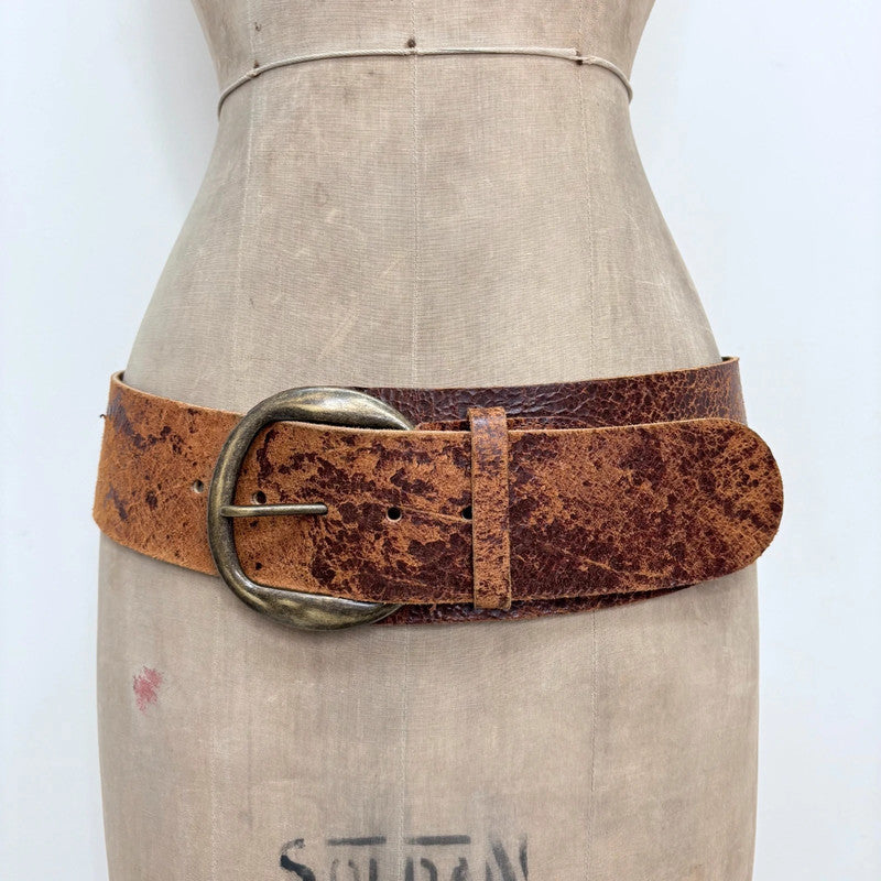 Distressed brown leather oversized thick belt
