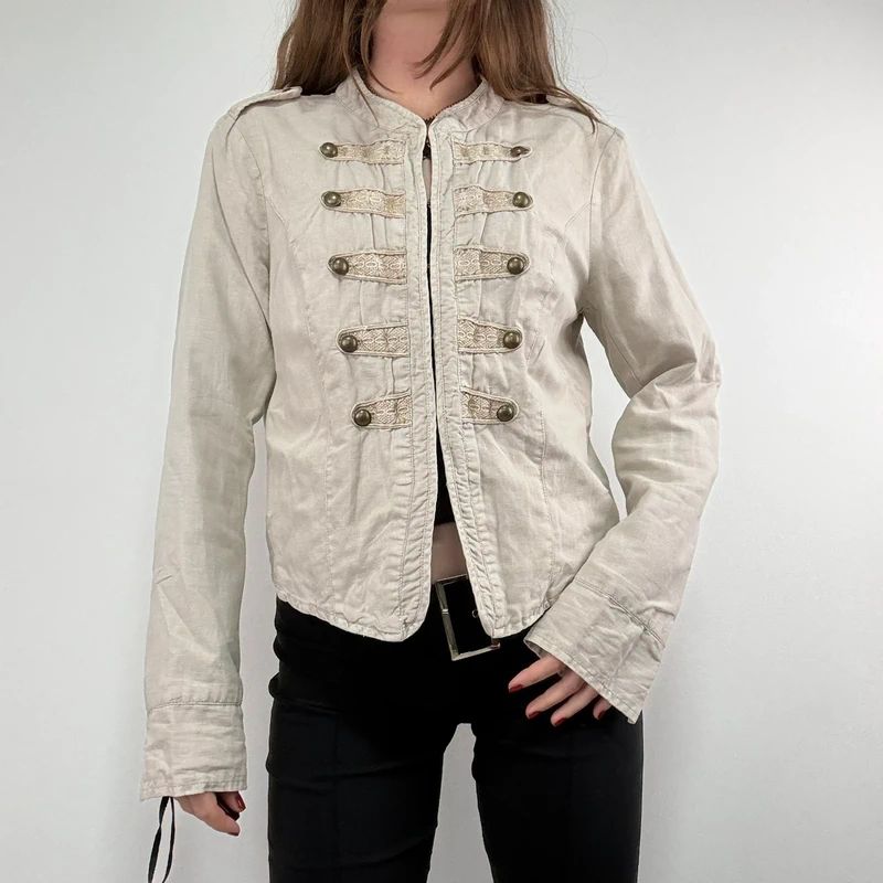 cotton khaki distressed button military jacket
