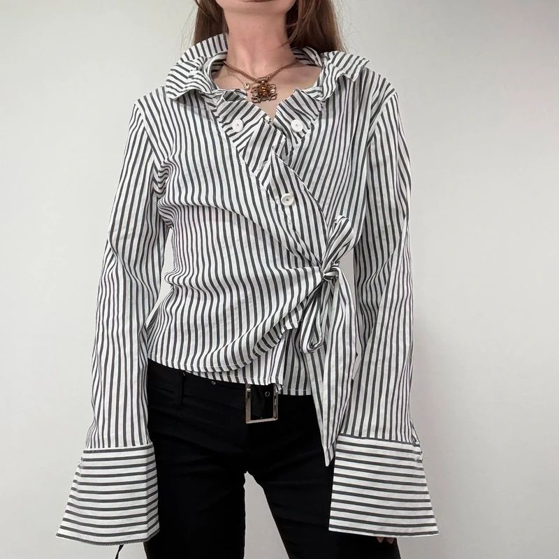 Asymmetric Pinstripe Wrap Ruffle Shirt