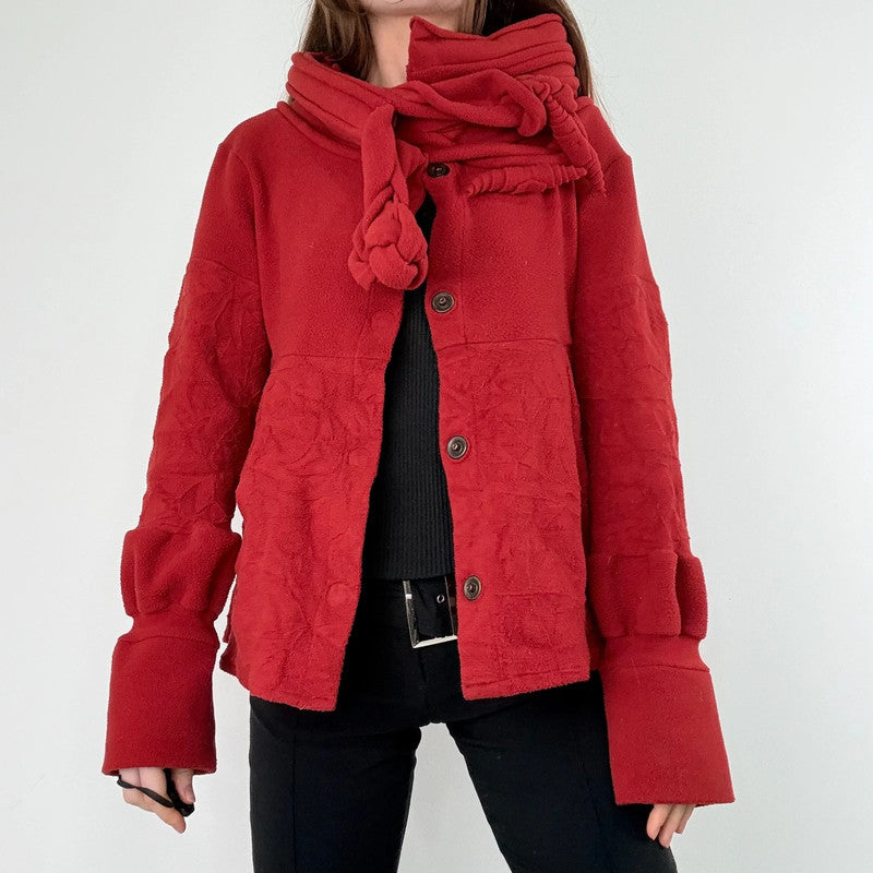 asymmetric red flared fleece jacket