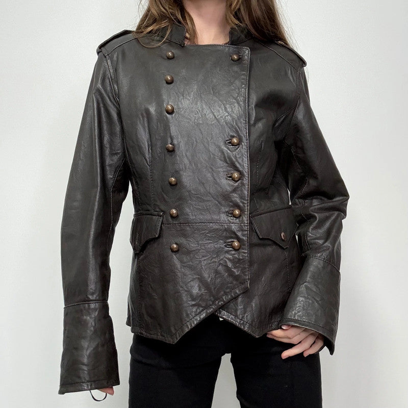 aymmetric brown leather military napolionic jacket