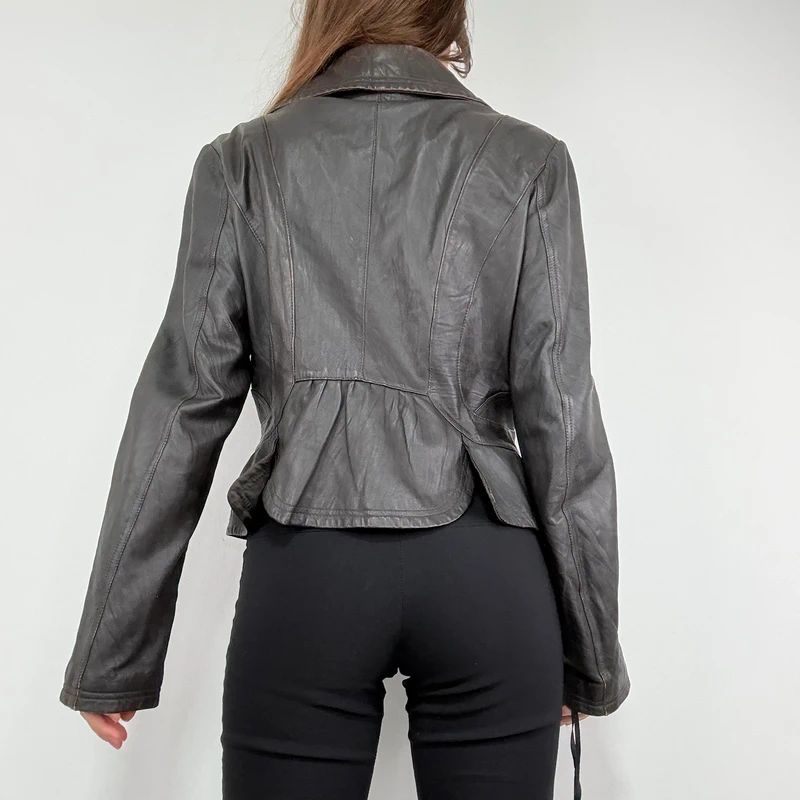 cropped dark brown leather jacket