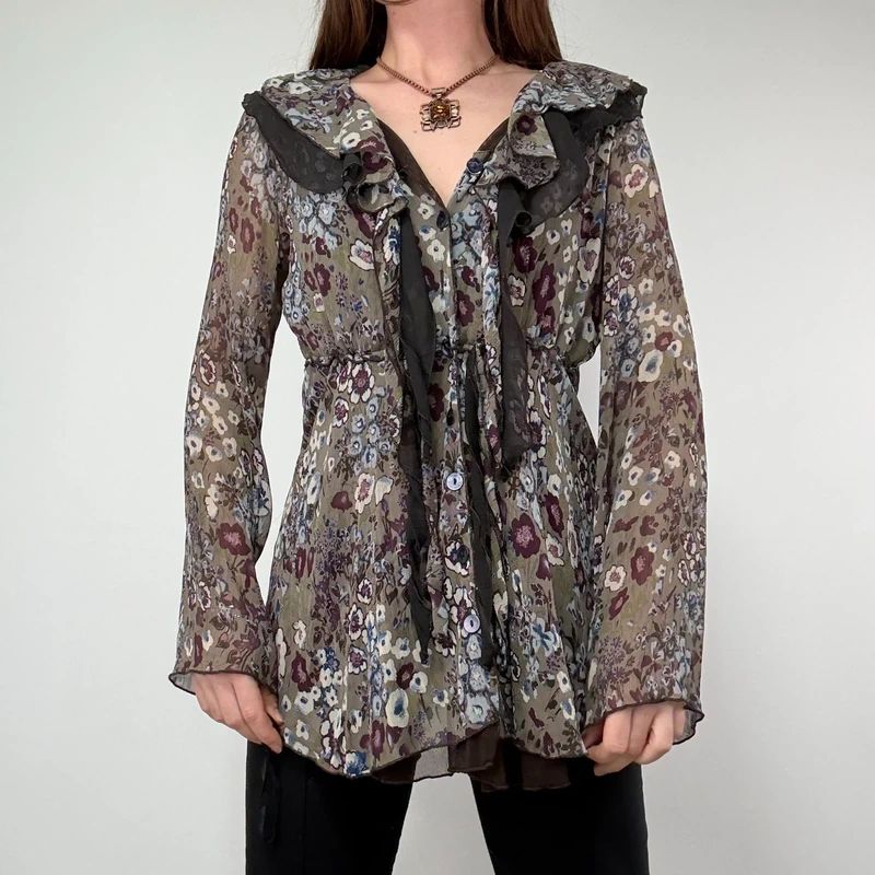 Sheer Khaki Ruffle Fairy Blouse