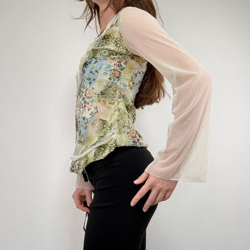 Mesh boho flare paisley print blouse t-shirt