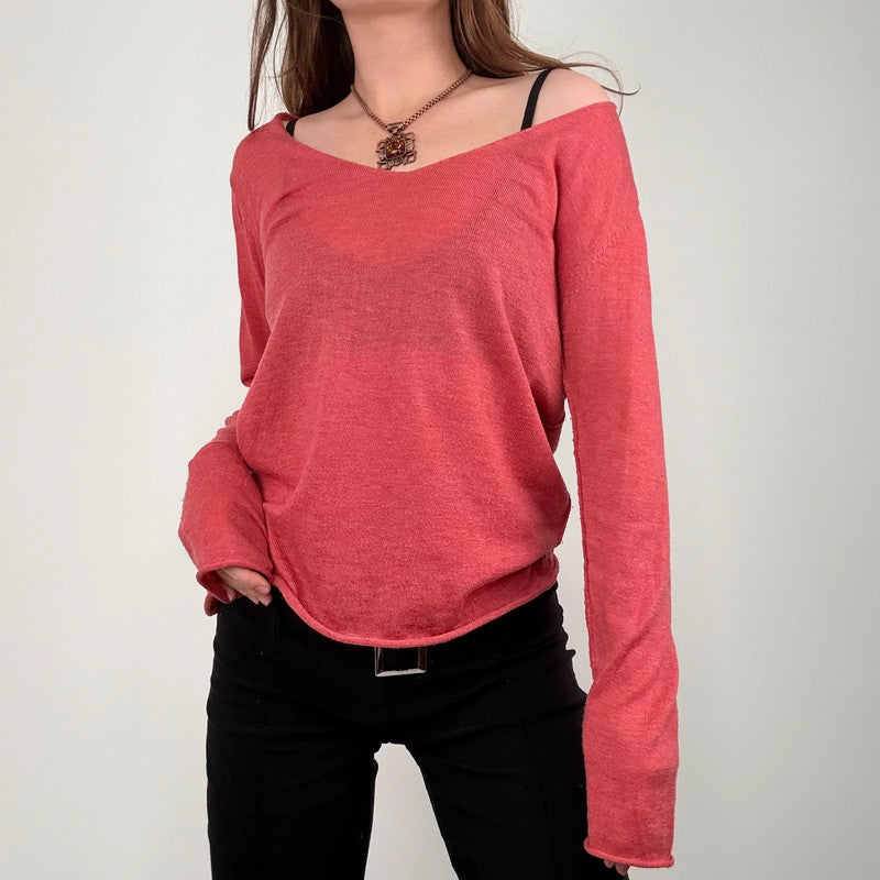 pink slouchy knit off the shoulder jumper