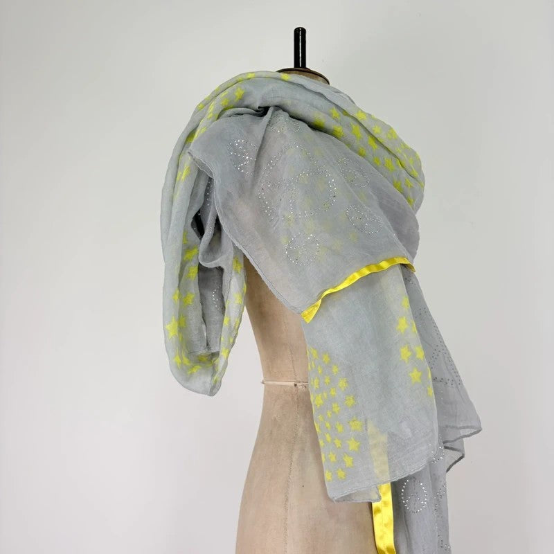 Sheer grey cotton shawl boho patchwork scarf