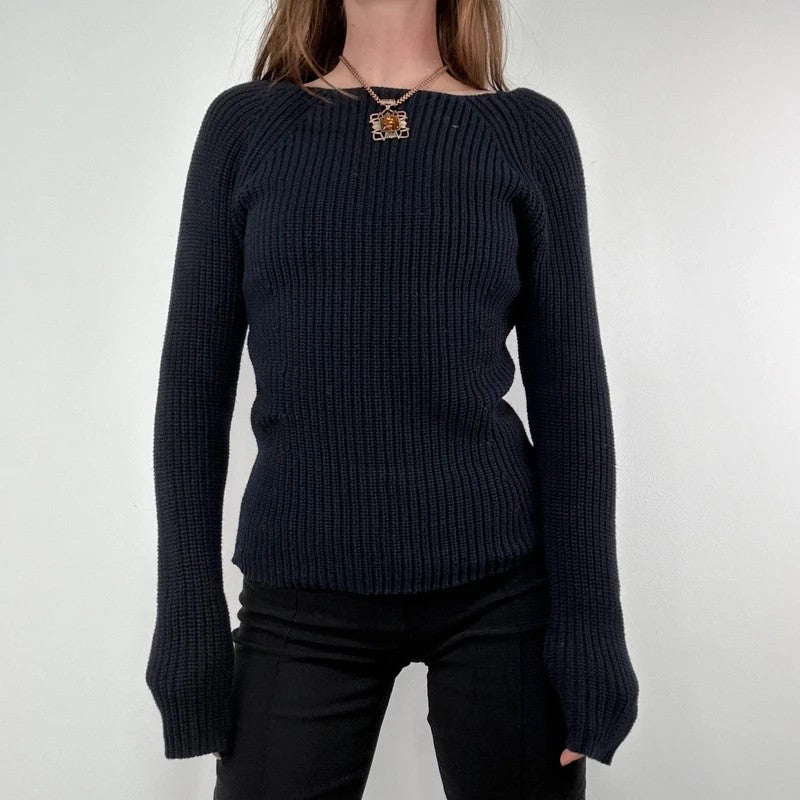 chunky navy knitted slash neck fisherman rib jumper