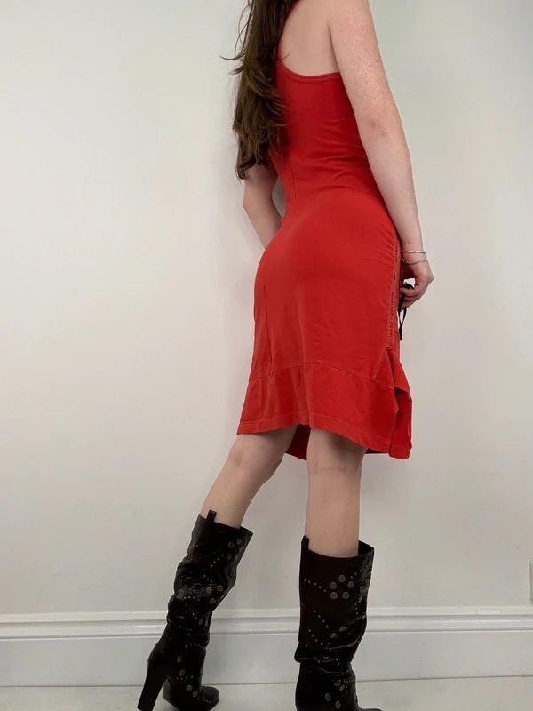 Marithé + François Girbaud gathered red midi dress