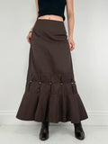 brown flared studded pleated maxi skirt