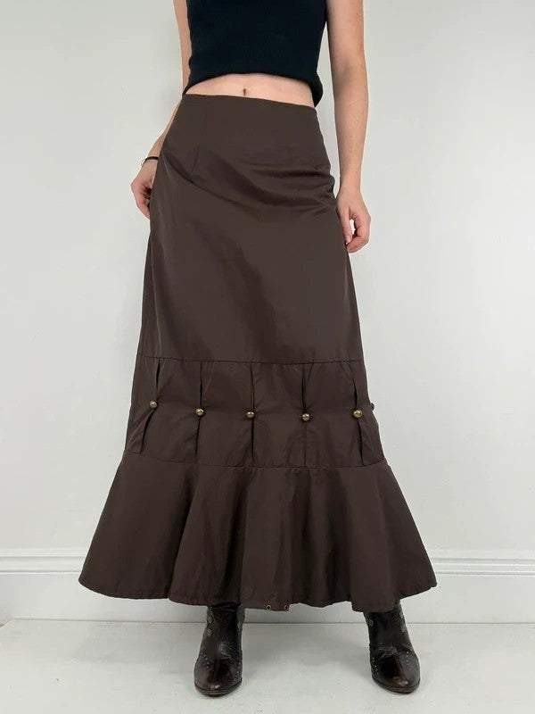 brown flared studded pleated maxi skirt
