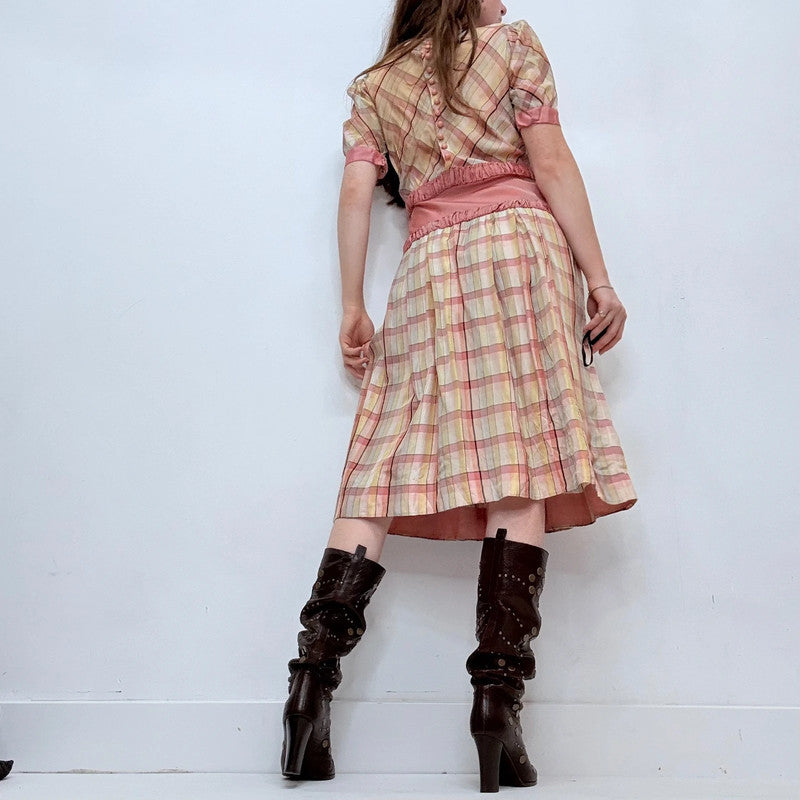 Antique preppy pink checked fitted flared pleated dress