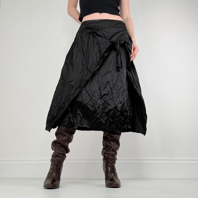 black crinkle satin tie up layered skirt
