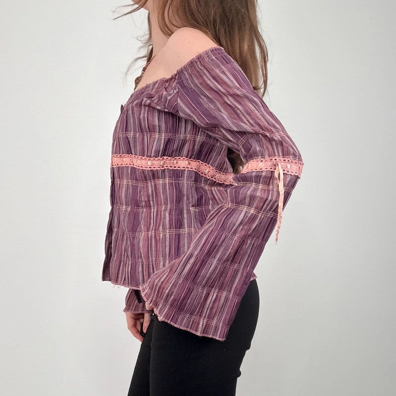 tartan off the shoulder gathered cotton shirt