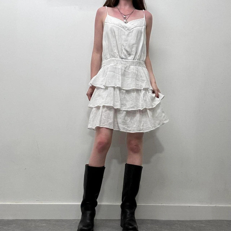 white linen ruffle dress