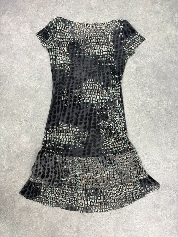 slouchy grey polkadot snake cowl neck draped mini dress