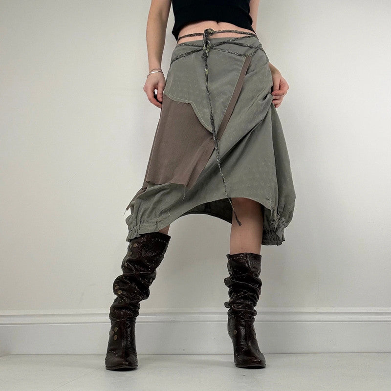 asymmetric gathered puff pleated khaki midi skirt