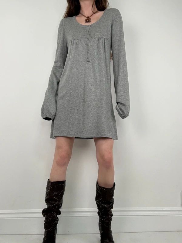 slouchy grey knit long sleeve mini dress