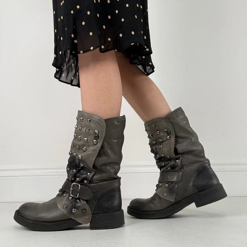 Grey studded slouchy leather boots