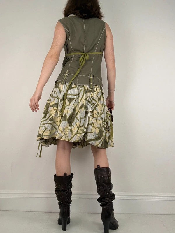 Cargo khaki patterned toggle midi puff dress