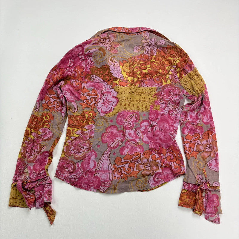 pink and brown floral printed flared shirt