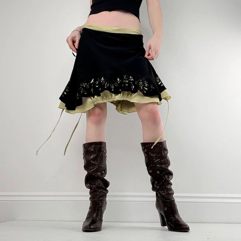 black layered cinched asymmetric midi skirt