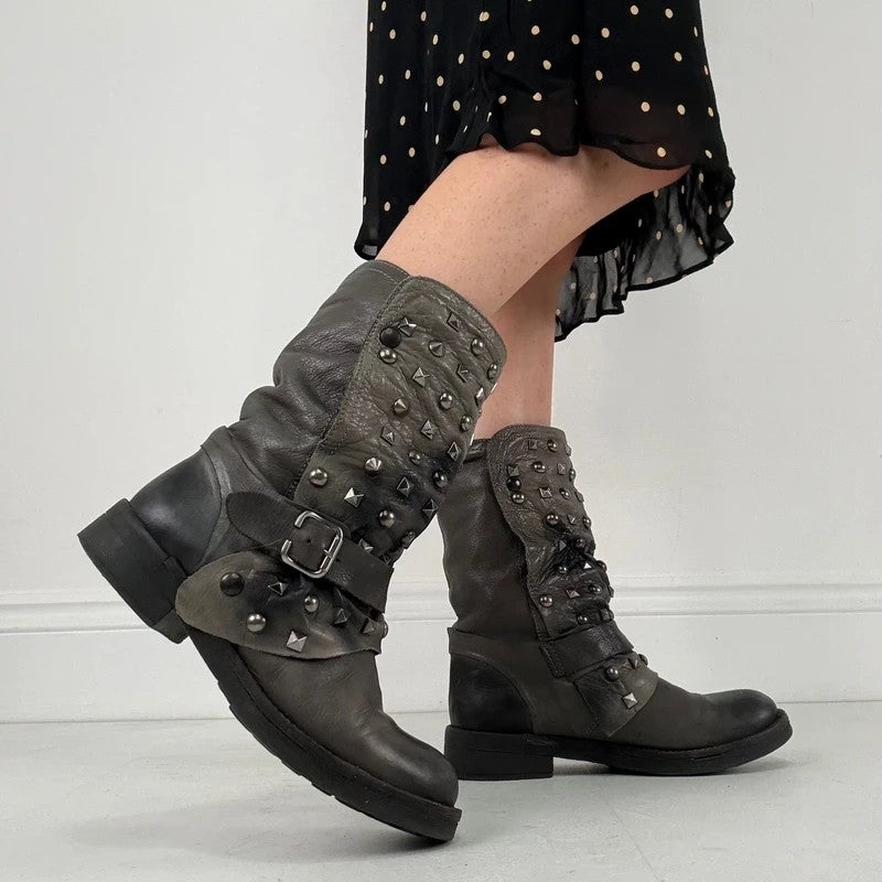 Grey studded slouchy leather boots