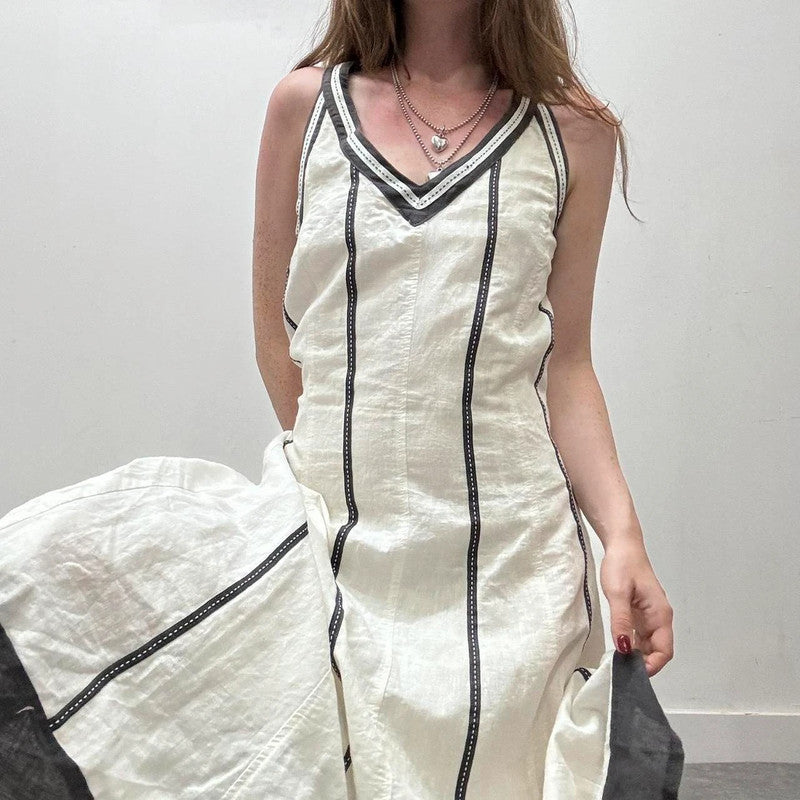 white linen flared ribbon dress