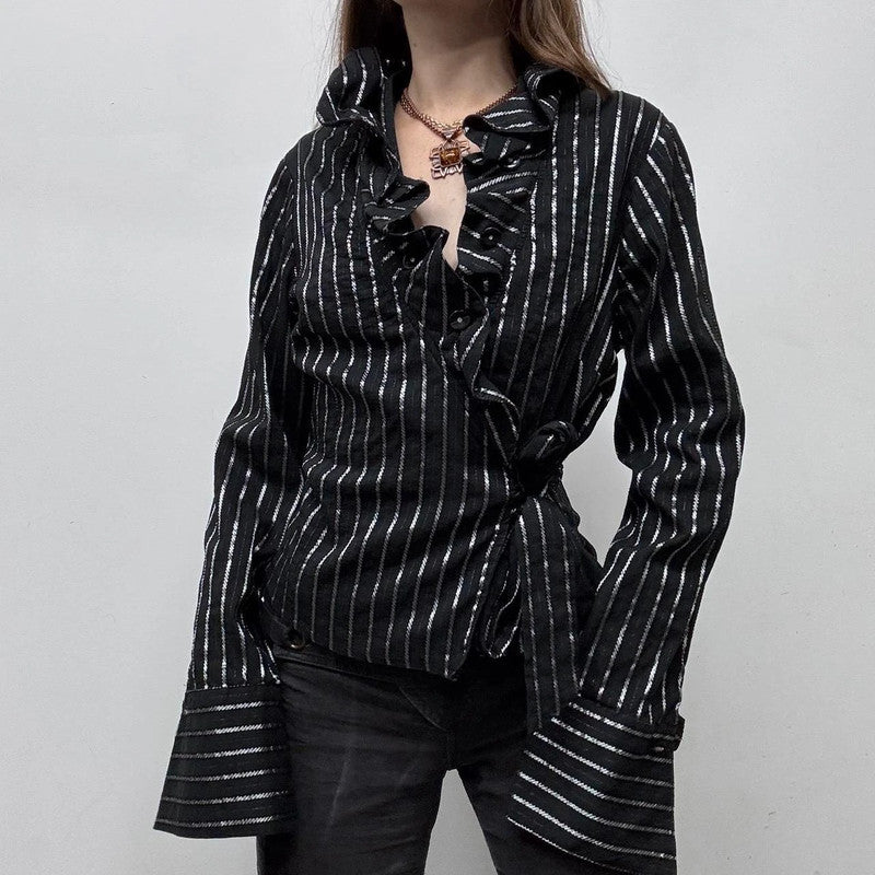 black pinstripe wrap ruffle shirt