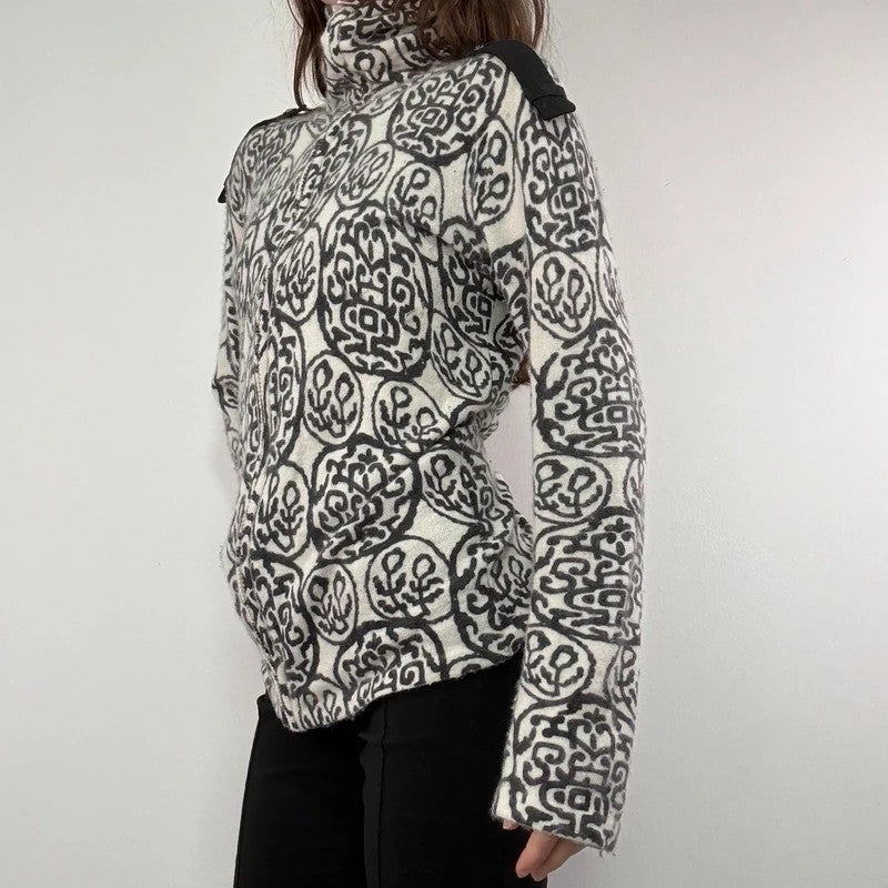 black and white slouchy patterned knit jumper, angora zip through funnel neck