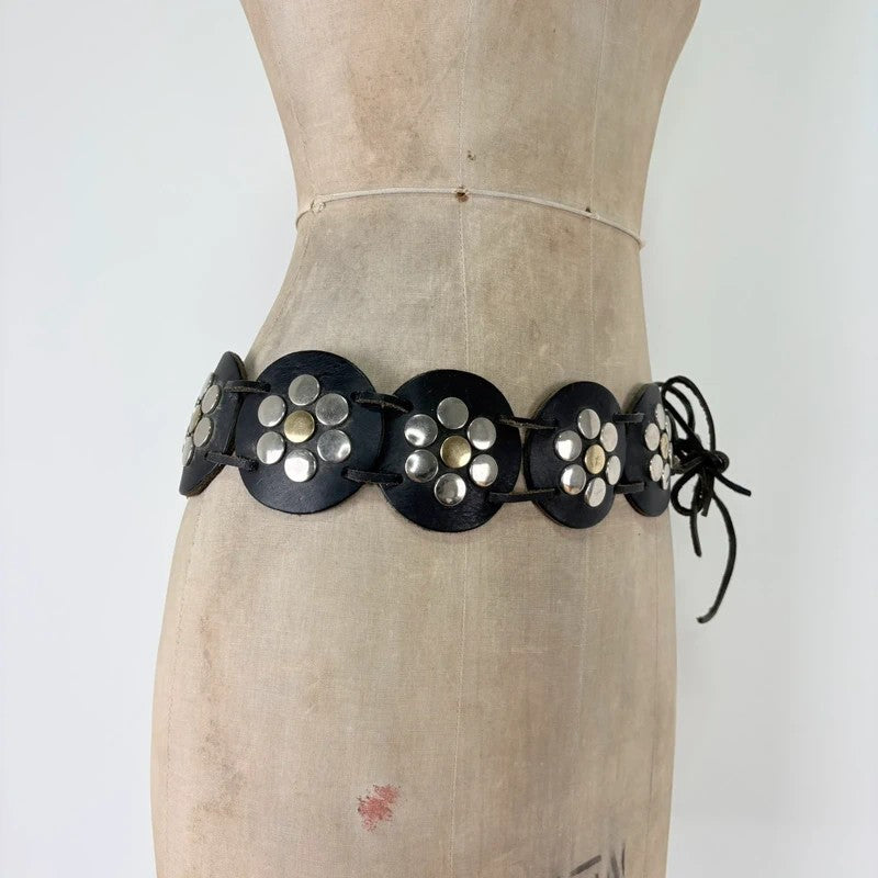 Black leather studded circle belt