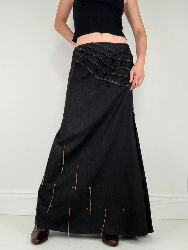 Flared black distressed maxi skirt