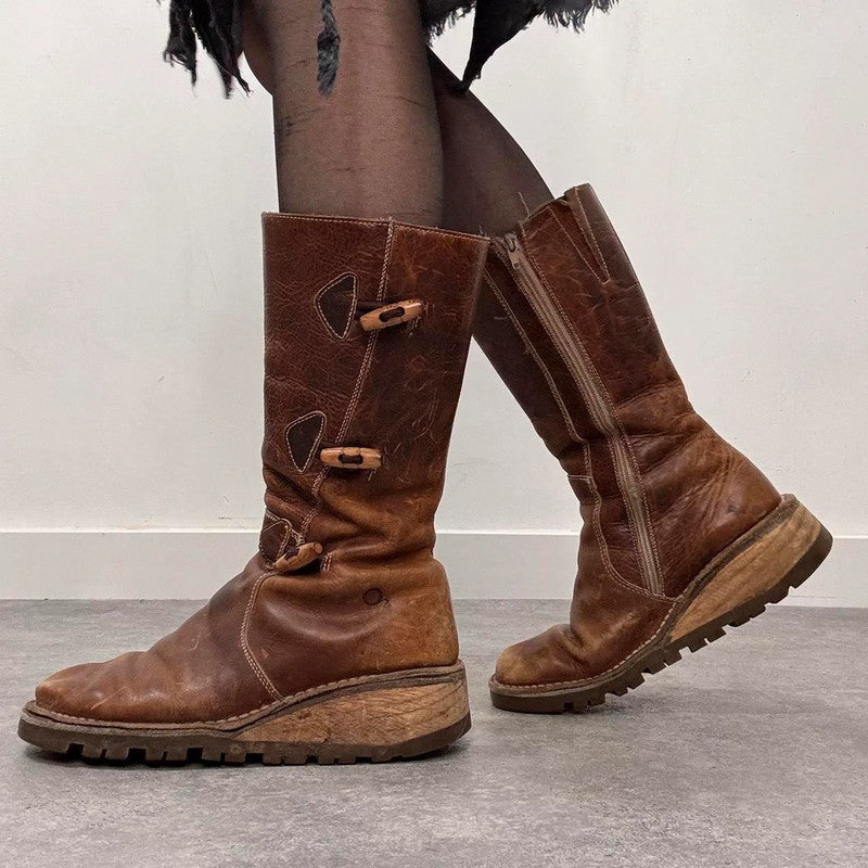 tan leather heeled toggle boots