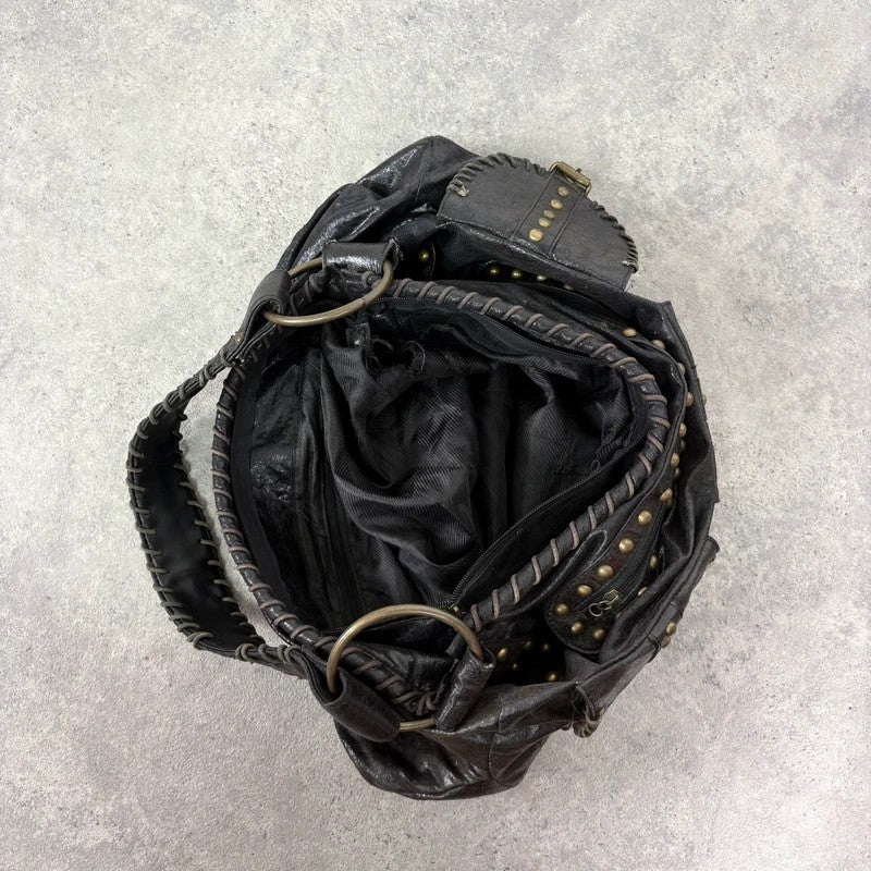 Black studded stitched slouchy shoulder bag