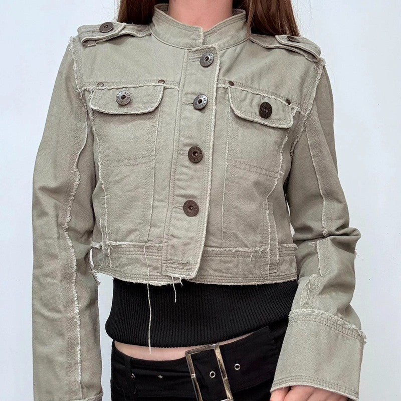 khaki cropped button-up utility jacket
