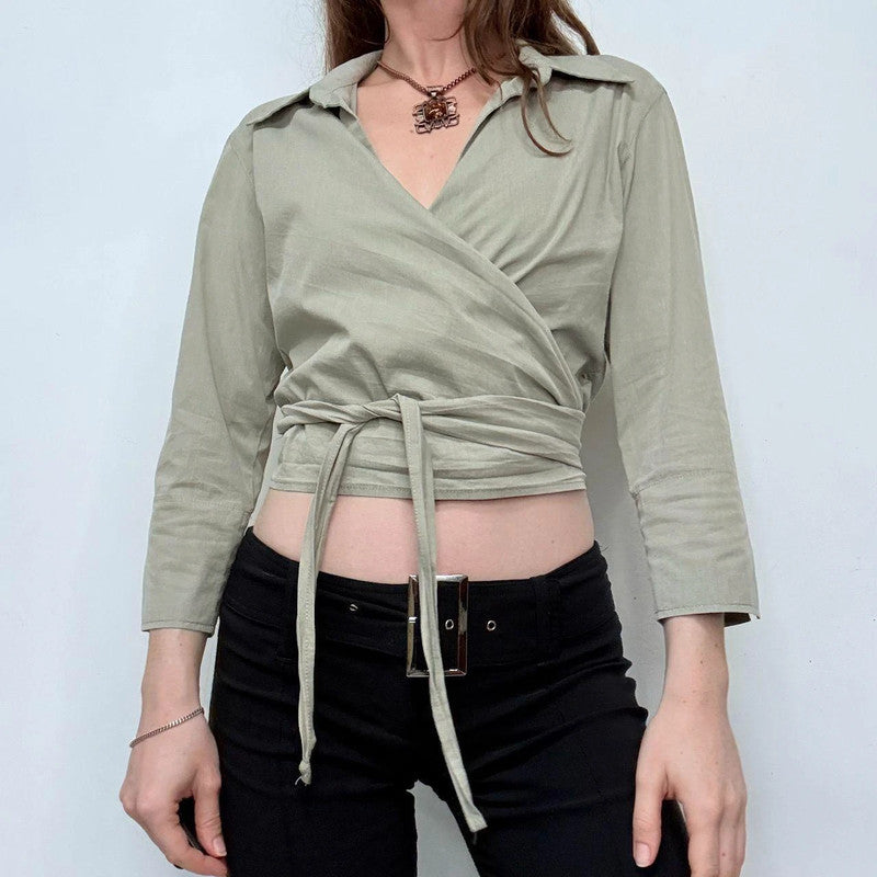 khaki green wrap cropped shirt