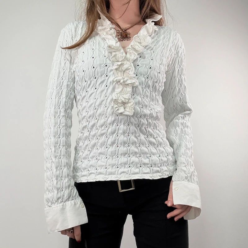 textured white fitted ruffle shirt